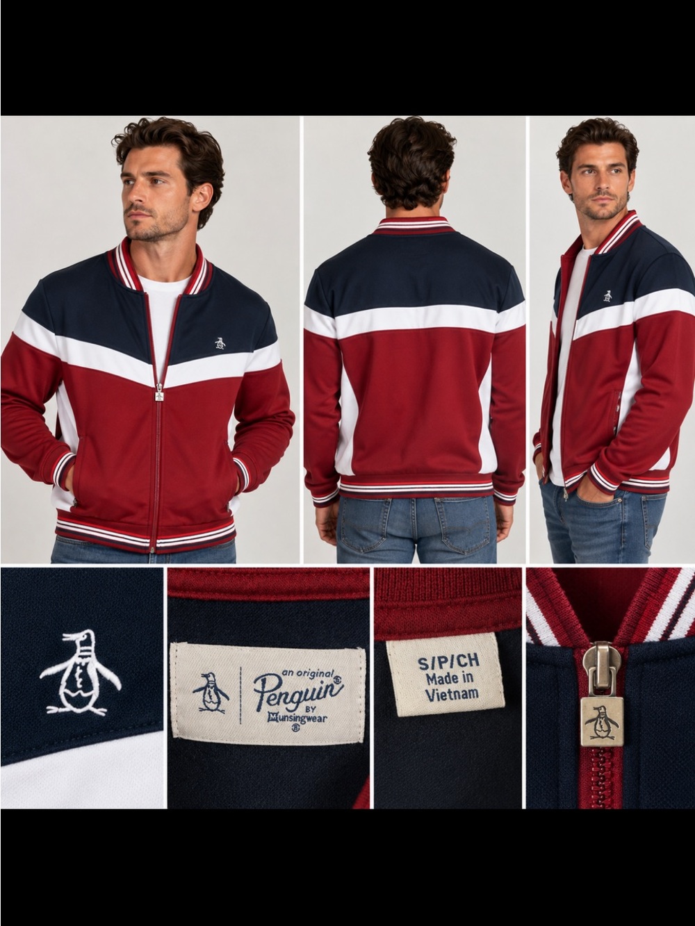 Original Penguin Men's Red, Navy & White Colorblock Bomber Jacket
